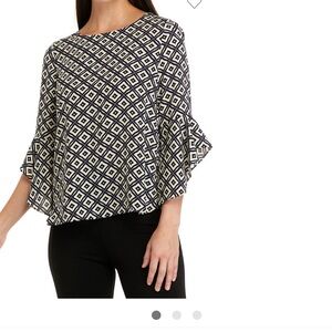 Kasper Geometric Diamond Blouse | 3/4 Ruffle Sleeves | S